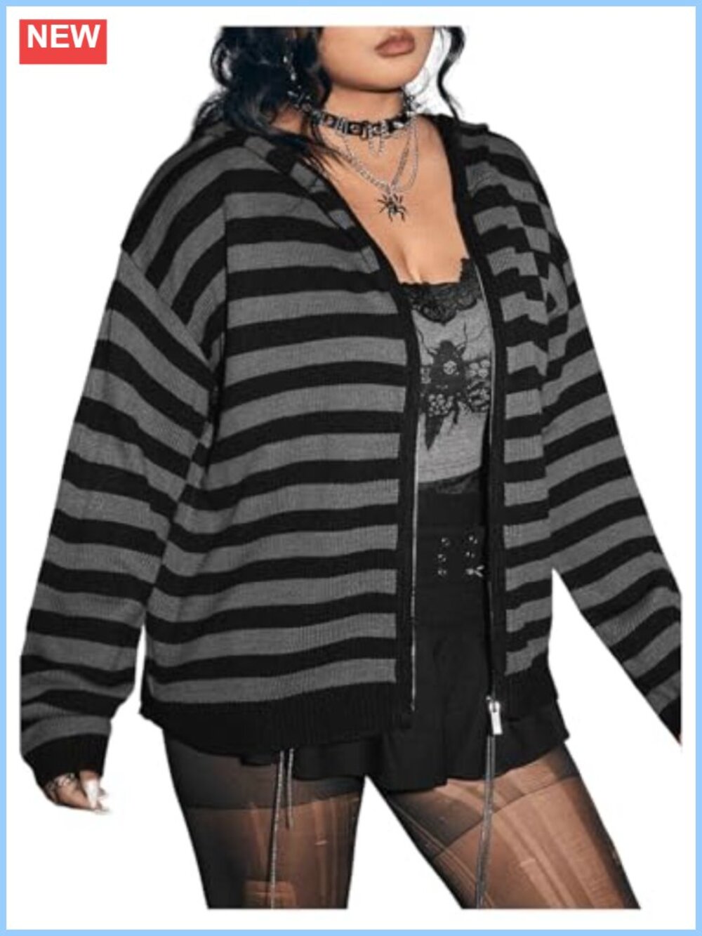 Plus Size Striped Hooded Cardigan Sweater Long Sleeve Zip Up Casual